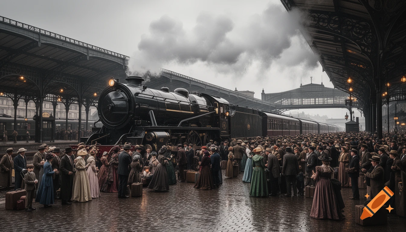 Photorealistic image of a vintage steam train at a large, bustling train station with a huge crowd of people dressed in period attire on the wet platform under an overcast sky.