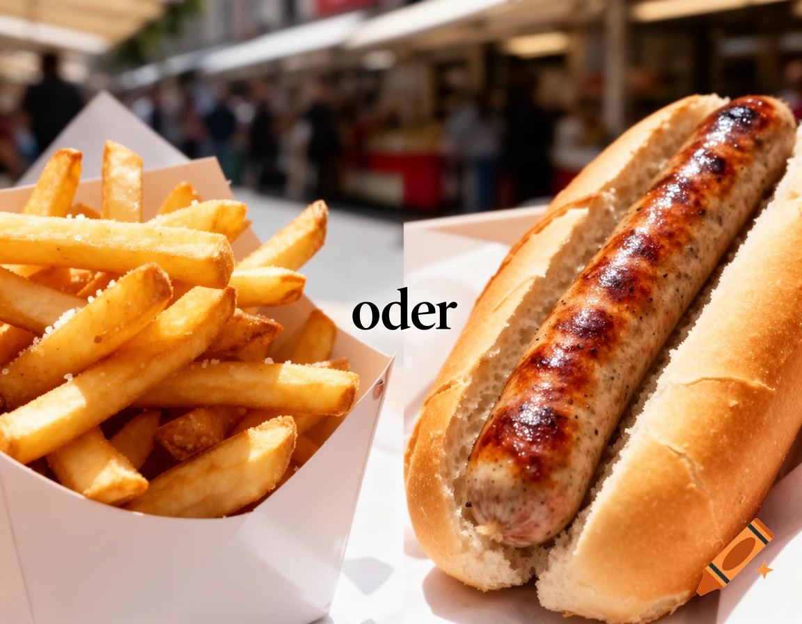 A paper container of golden fries with salt, next to a grilled bratwurst in a bun, with the word 'oder' in between, at an outdoor market.