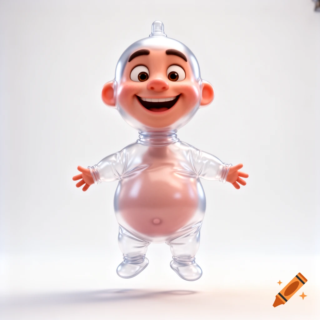A goofy 3D cartoon character with an oversized head, small limbs, and an exaggerated belly, made of translucent, inflated material, smiling with arms spread.