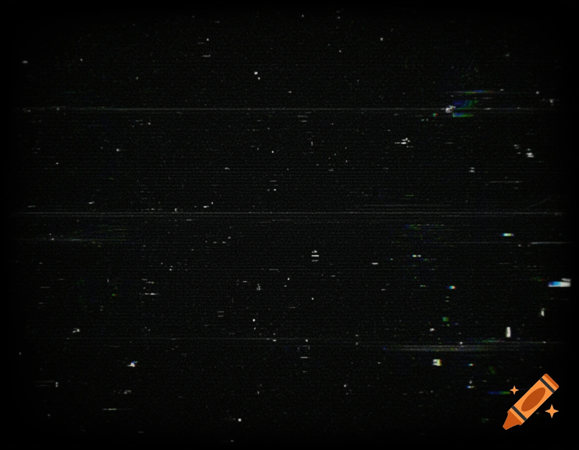Abstract black background with white static, horizontal lines, and colorful glitch effects, resembling an old VHS screen.