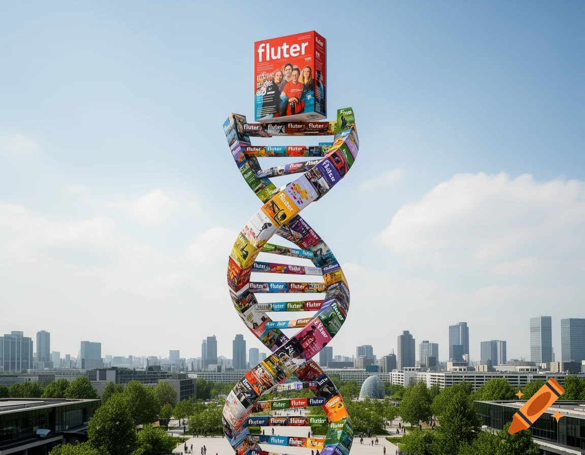 Giant DNA helix sculpture made of colorful fluter magazine covers standing in a city park with a skyline backdrop.