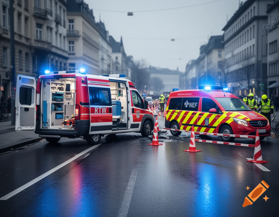 Two red and yellow emergency vehicles, an RTW and an NEF, with flashing blue lights, are parked on a wet city street at dusk, surrounded by traffic cones and personnel in high-visibility vests.