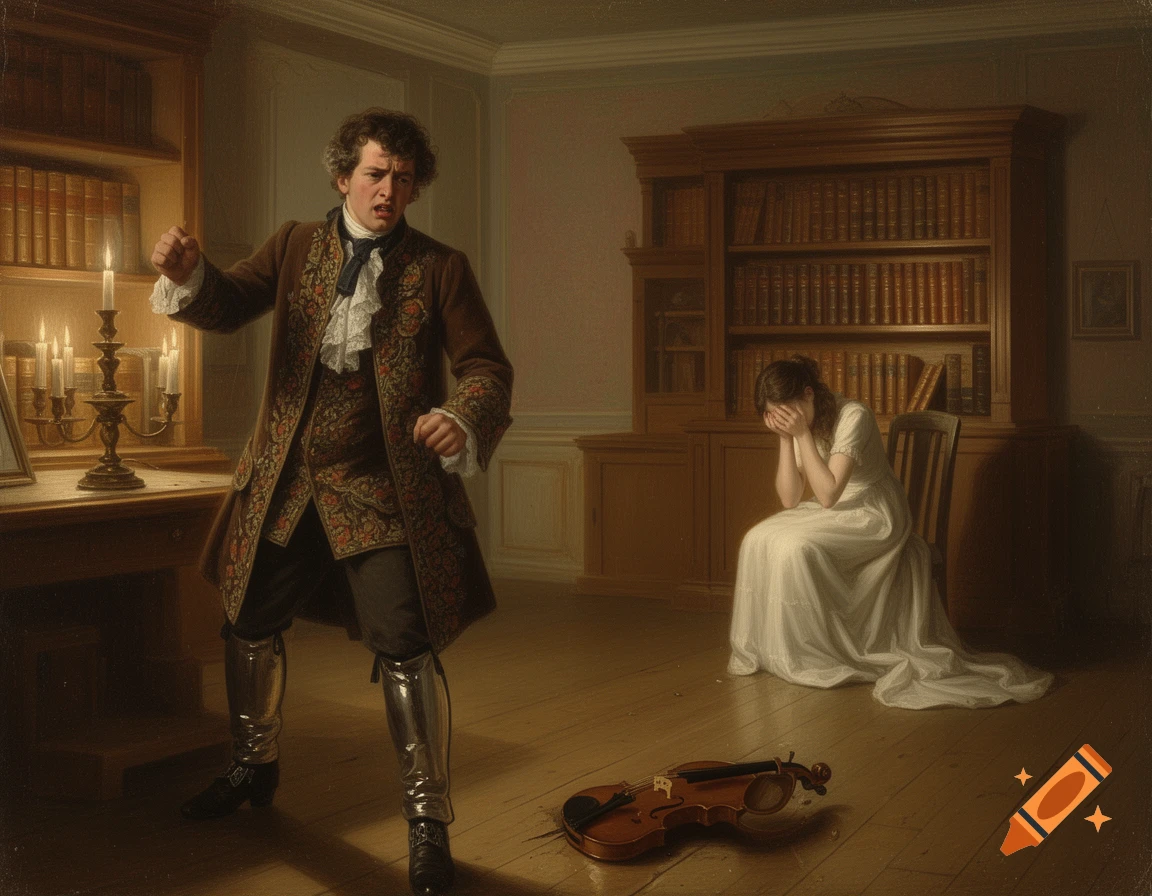 A man in 18th-century noble attire, with a pained and angry expression, clenches his fist while a woman in a white dress sobs, covering her face. A broken violin lies on the wooden floor between them, in a dimly lit room with bookshelves.