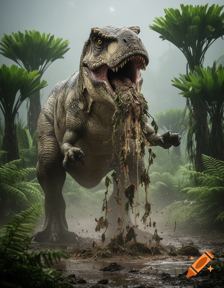 A photorealistic Tyrannosaurus Rex in a lush, misty jungle environment, spitting out a large amount of vegetation onto the muddy ground.