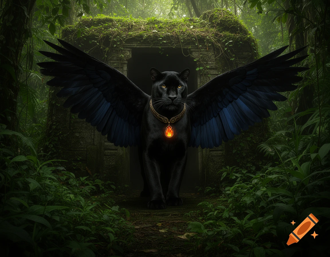 A majestic black panther with large black and blue wings and a fiery medallion stands in front of ancient ruins in a lush jungle.