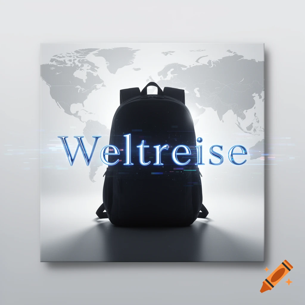 A black backpack against a faint world map, with the glowing text 'Weltreise' (world trip) in a digital style.