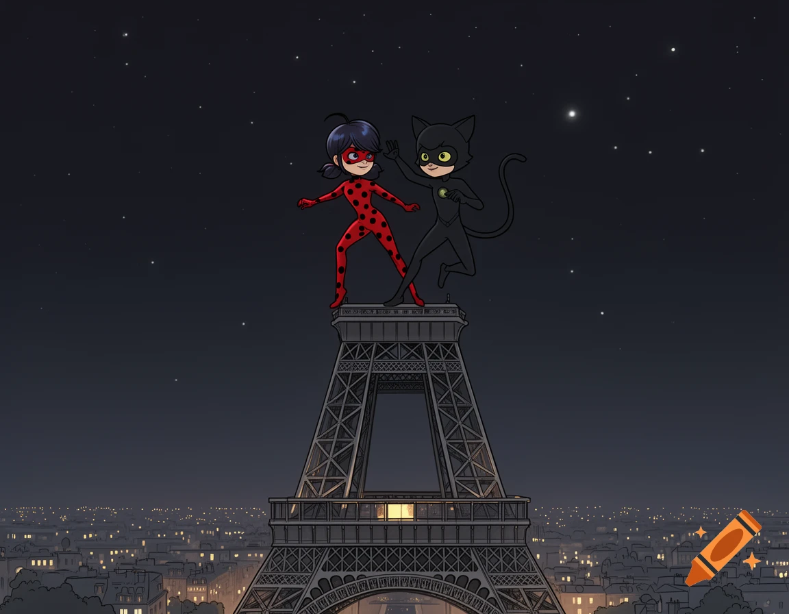 Cartoon Ladybug and Cat Noir stand atop the Eiffel Tower at night, overlooking a city with twinkling lights under a starry sky.