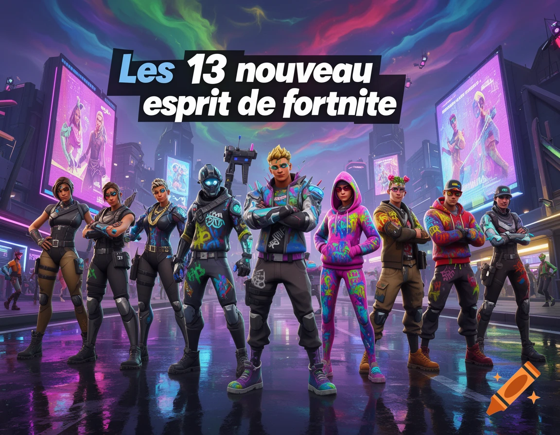 Eight stylized characters resembling Fortnite skins stand in a futuristic city at night with neon lights and colorful sky, with text overhead.