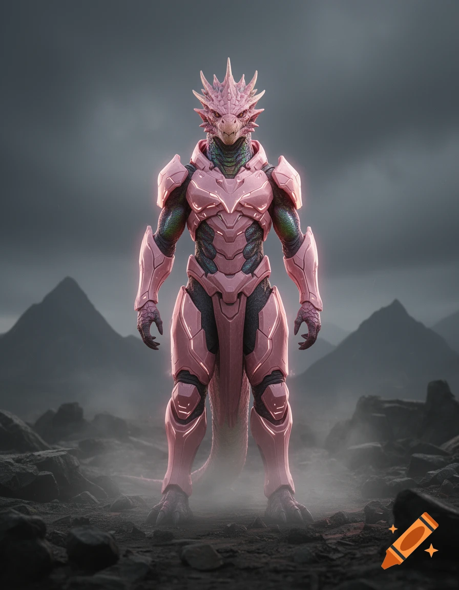 A pink armored humanoid dragon stands on a rocky, misty alien landscape with mountains in the background.