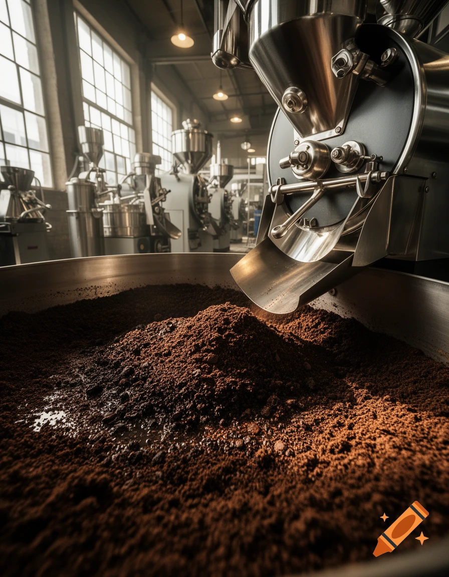 Close-up of ground coffee being dispensed into a metal basin from a coffee roasting machine in a factory.