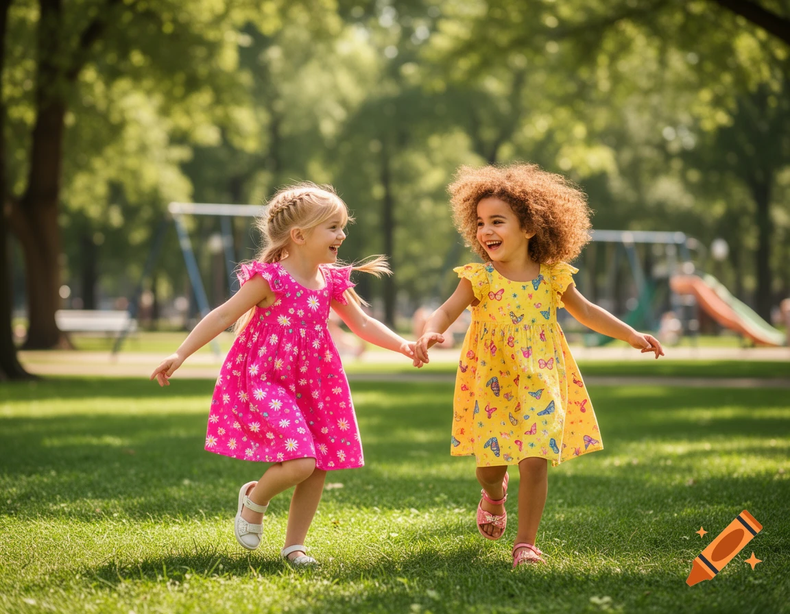 Two happy young girls in colorful dresses run and hold hands in a sunny park with trees and a playground in the background.