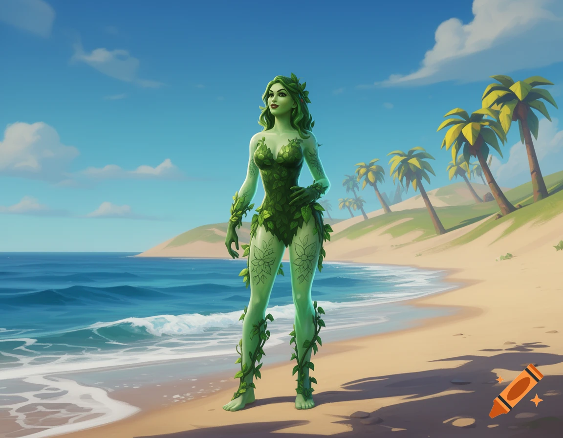 A stylized Poison Ivy character, clad in a leaf costume, stands on a sunny beach with palm trees and ocean waves.