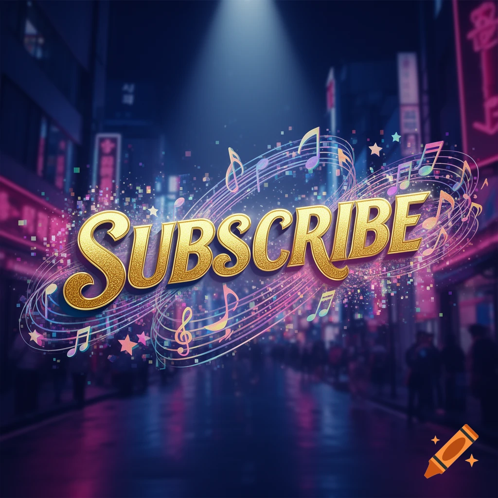 Golden, glittery 'SUBSCRIBE' text surrounded by colorful musical notes and particles, set against a blurred neon city street at night.