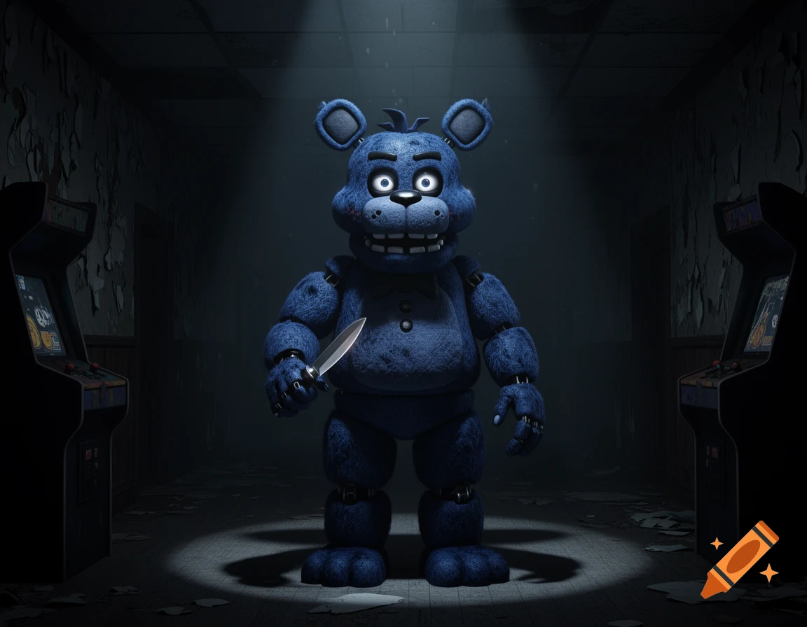 A creepy blue animatronic bear resembling Freddy Fazbear stands in a dark, dilapidated room, holding a knife, spotlit.