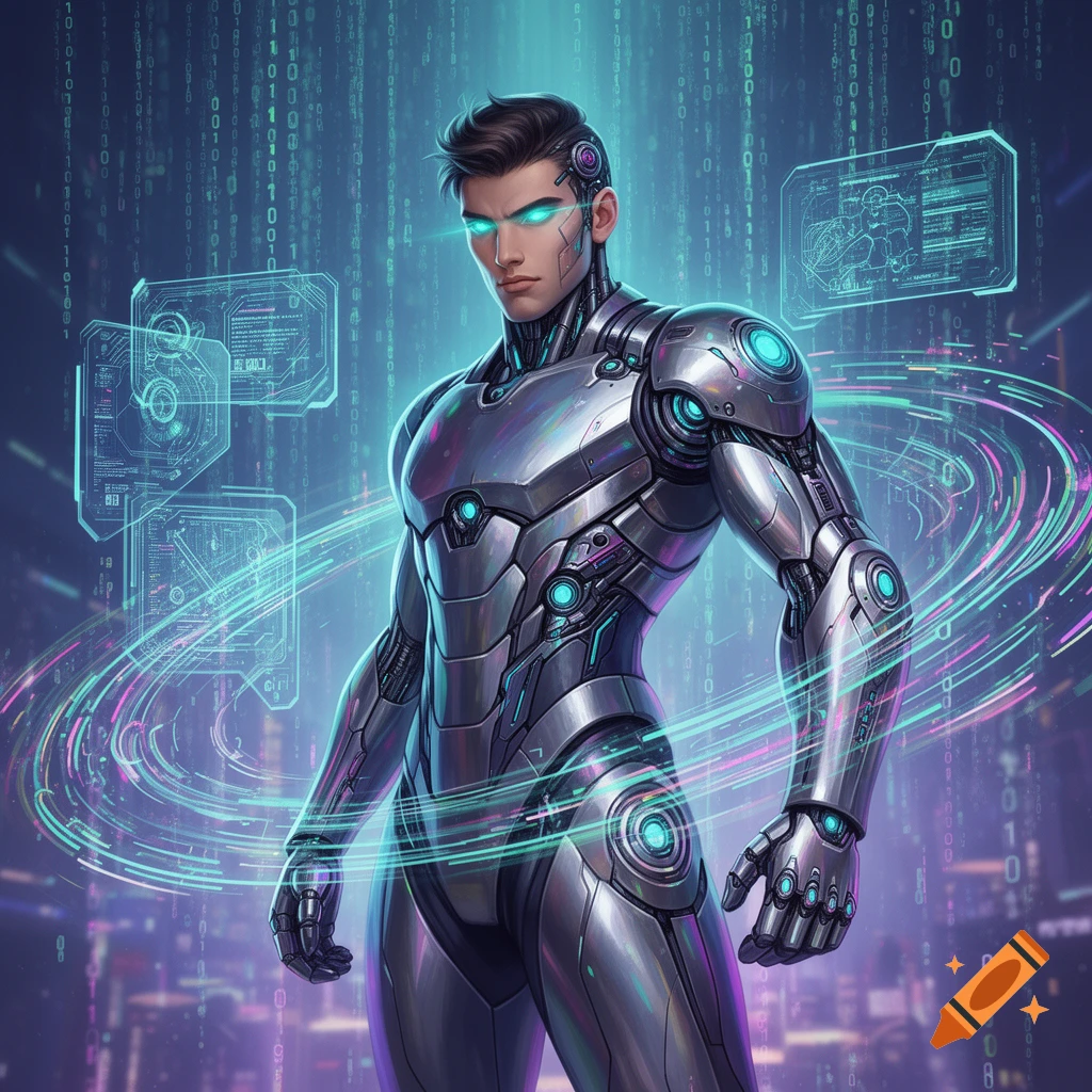 A handsome man in a shiny silver and blue cyborg suit with glowing eyes, surrounded by holographic displays and binary code in a futuristic city.