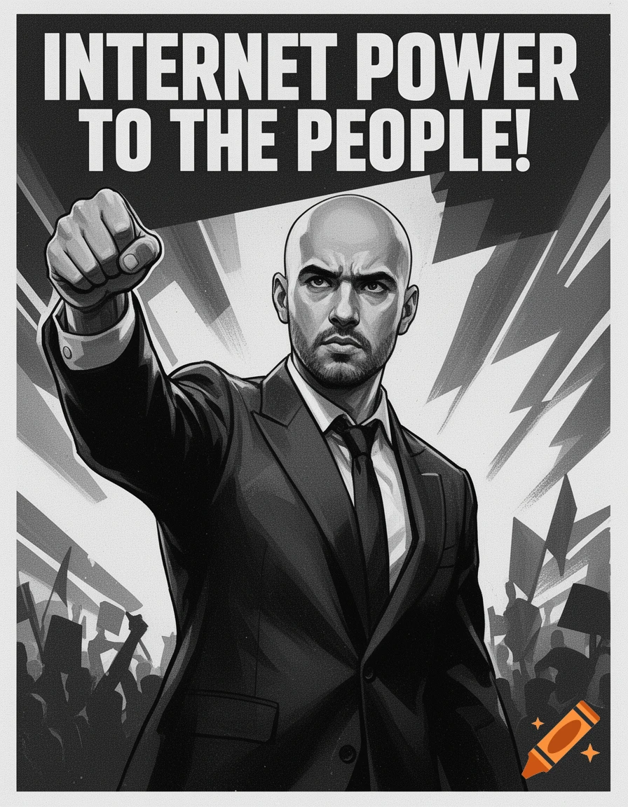 Black and white propaganda poster of a bald man in a suit raising his fist, with 'INTERNET POWER TO THE PEOPLE!' text and a crowd.