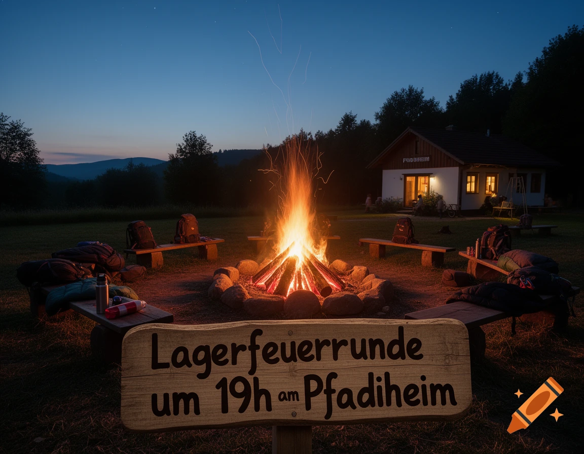 A photorealistic campfire scene at dusk with benches, backpacks, and a lit hut. A sign reads 'Lagerfeuerrunde um 19h am Pfadiheim'.