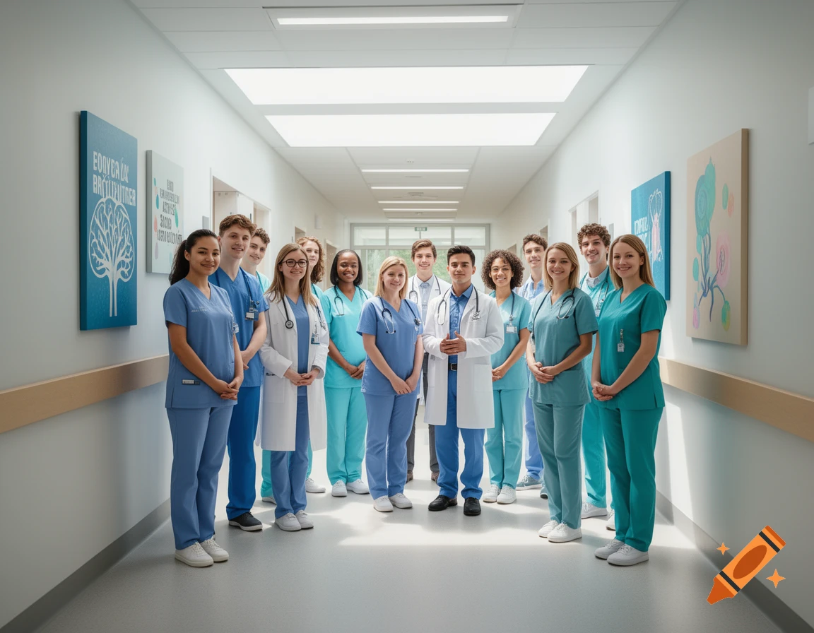 A group of diverse young doctors and nurses in scrubs and lab coats stand smiling in a well-lit hospital hallway. Photorealistic.