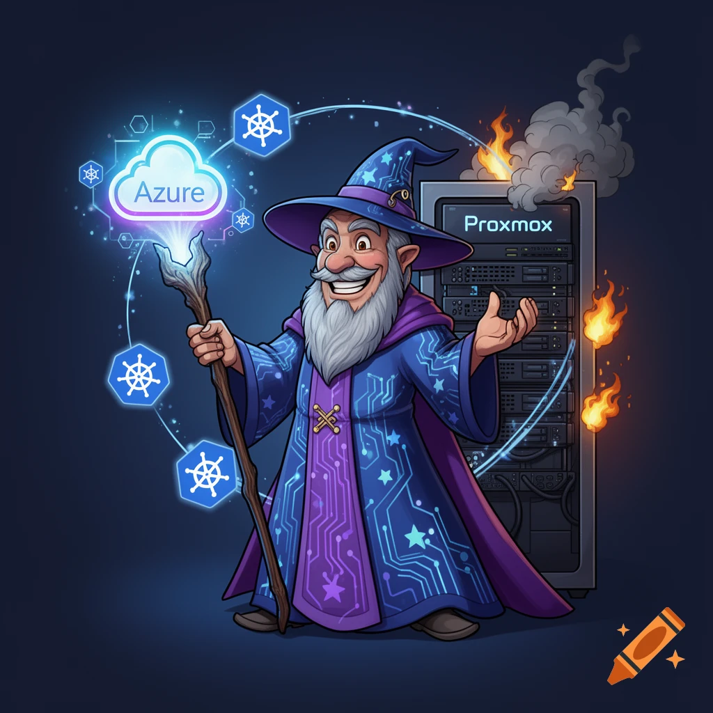 A cartoon wizard in circuit-patterned robes casts a spell, showing a glowing Azure cloud and Kubernetes icons, next to an overheating Proxmox server.