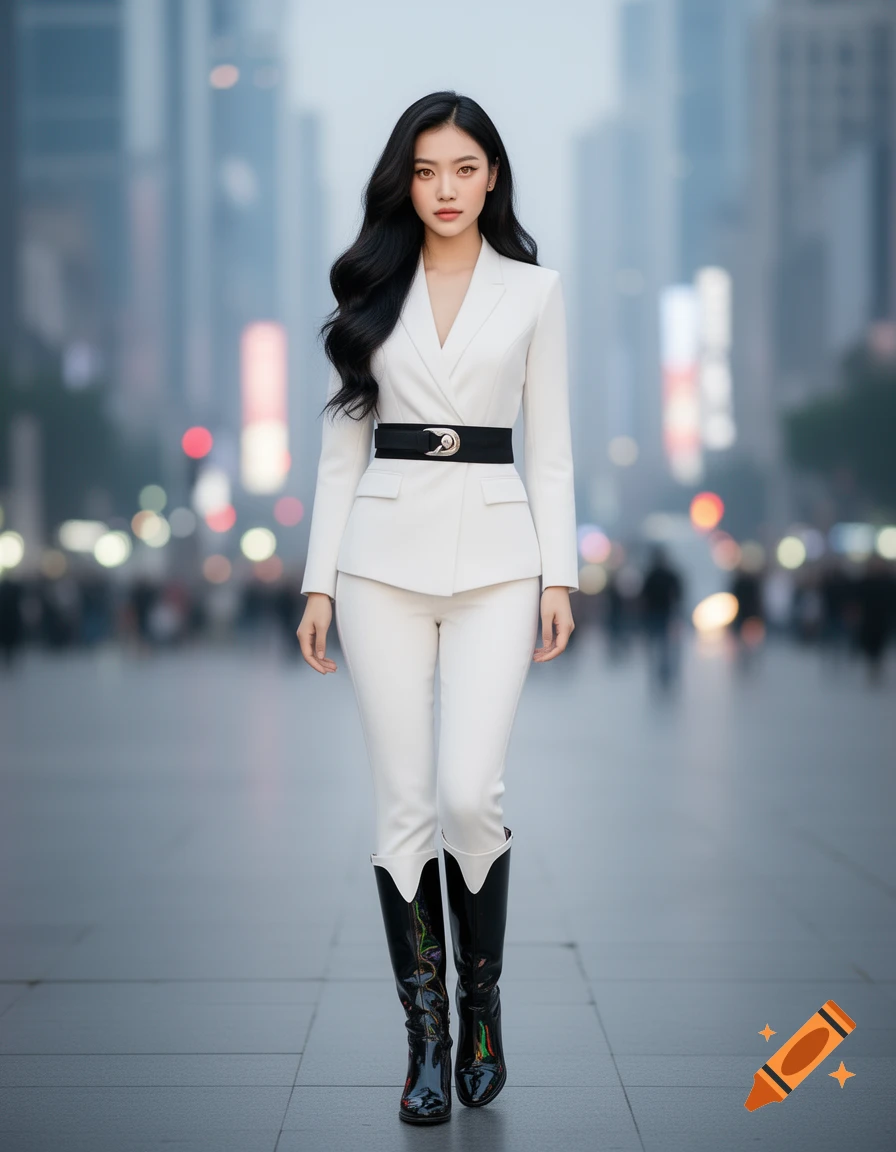 An Asian woman with long dark hair in a white pantsuit with a black sash and black and white boots, walking in a city.