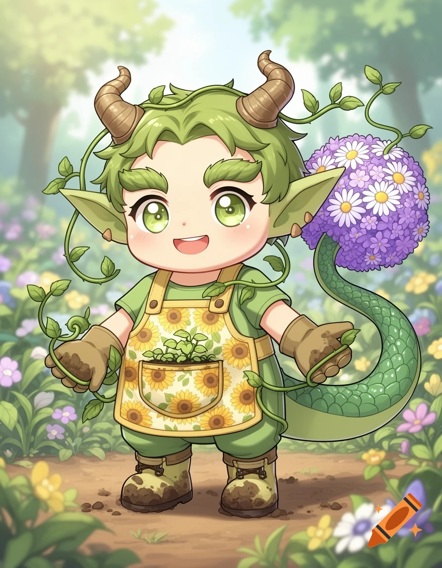 A cute chibi anime goblin character with green hair, horns, a sunflower apron, and a flower puffball tail stands in a garden.