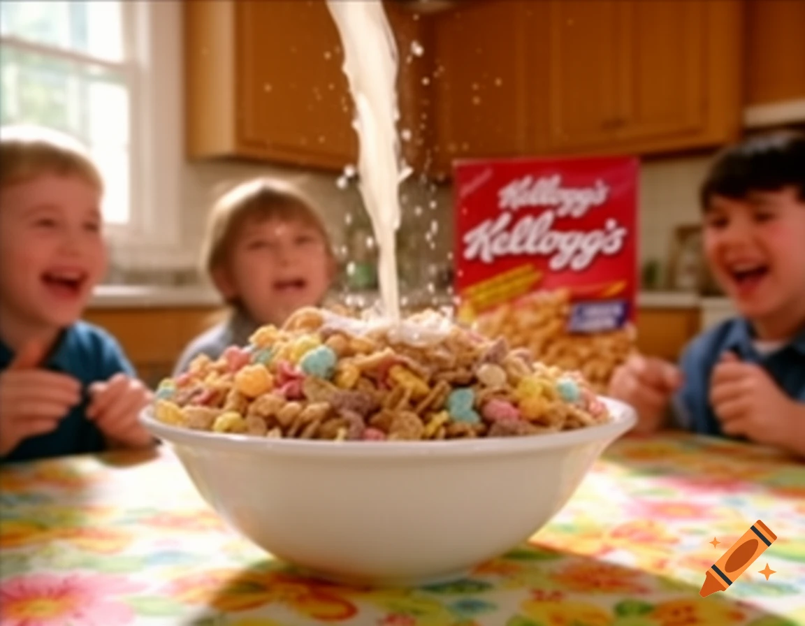 Three excited children watch milk pour into a bowl of colorful cereal; a blurry Kellogg's box is in the background.