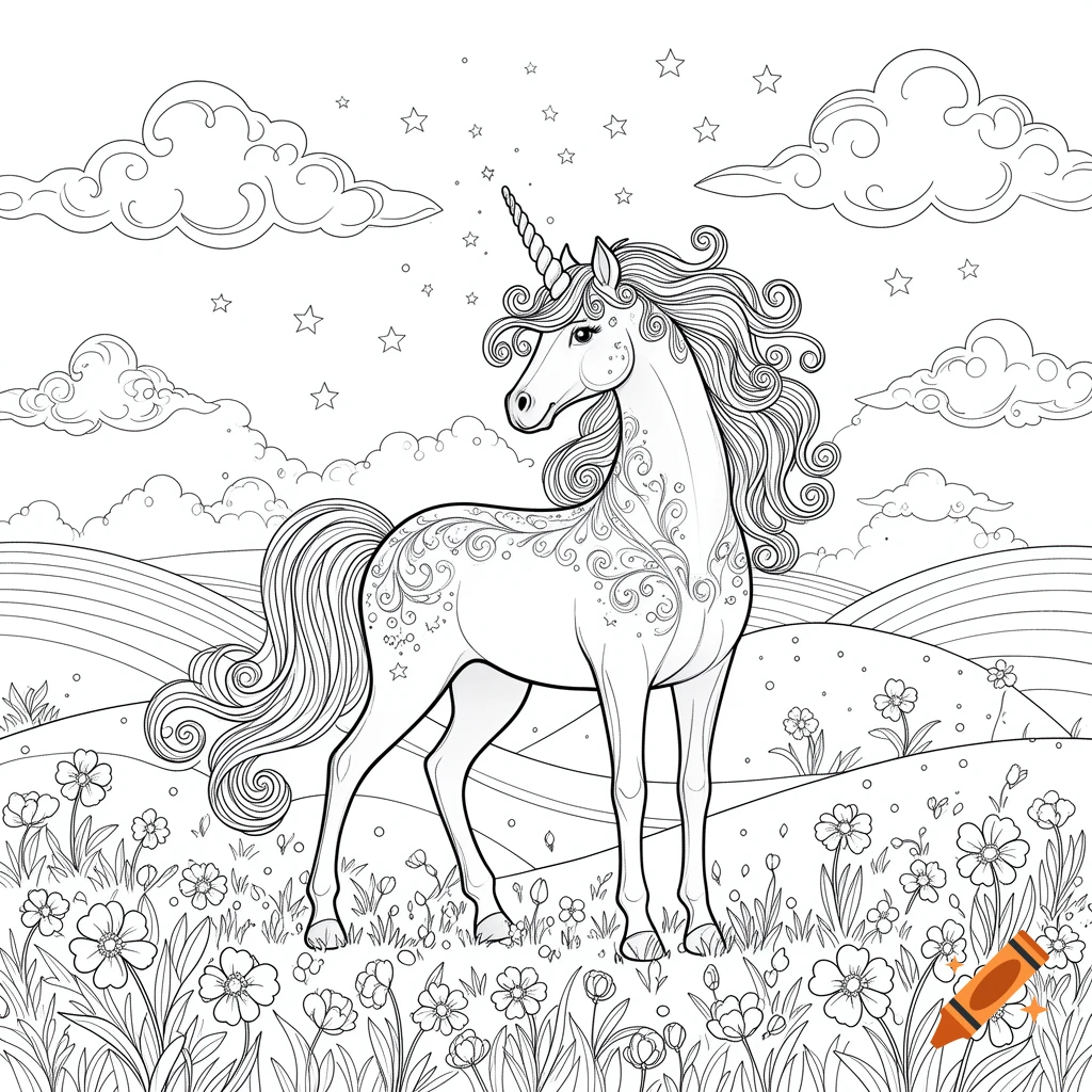 Line art coloring page of a majestic unicorn with a flowing mane in a field of flowers under a starry sky.