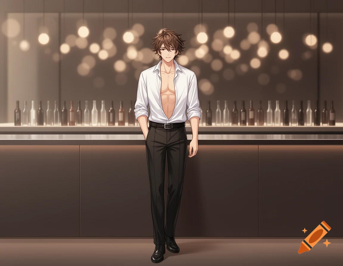 A handsome anime-style man with an open white shirt and black trousers stands at a bar with bokeh lights.
