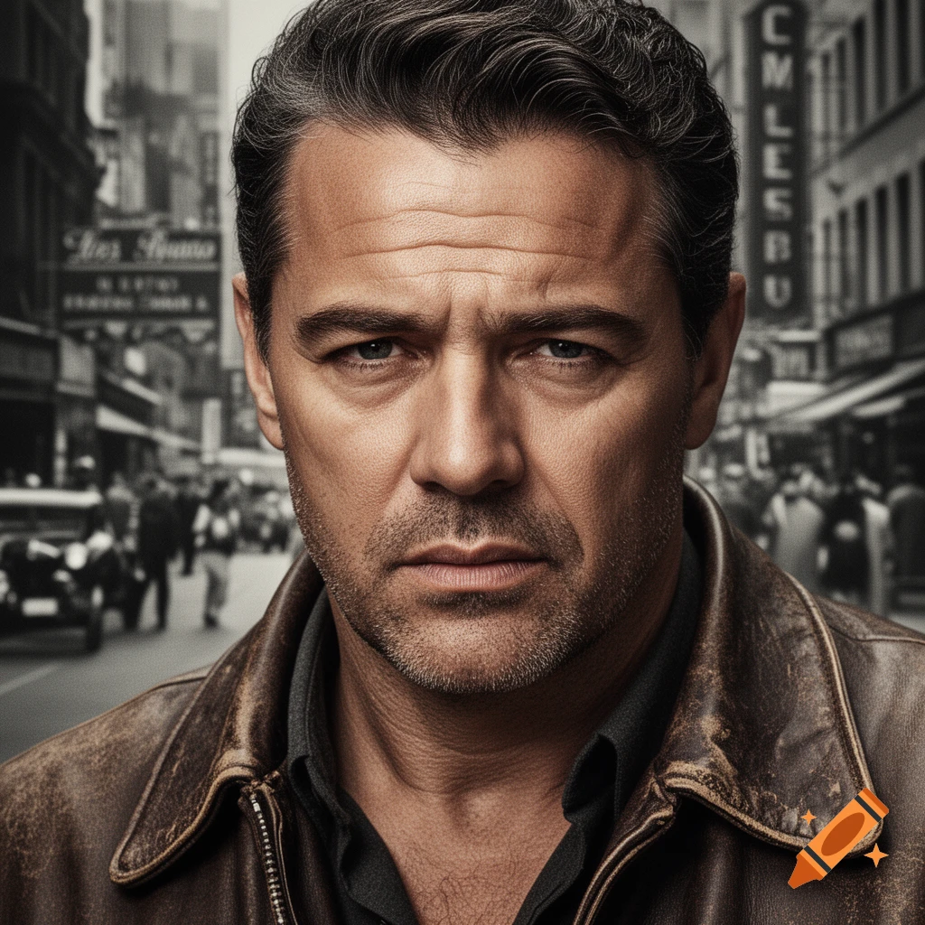 Close-up portrait of a serious man in a brown leather jacket, with a blurry vintage city street in the background.