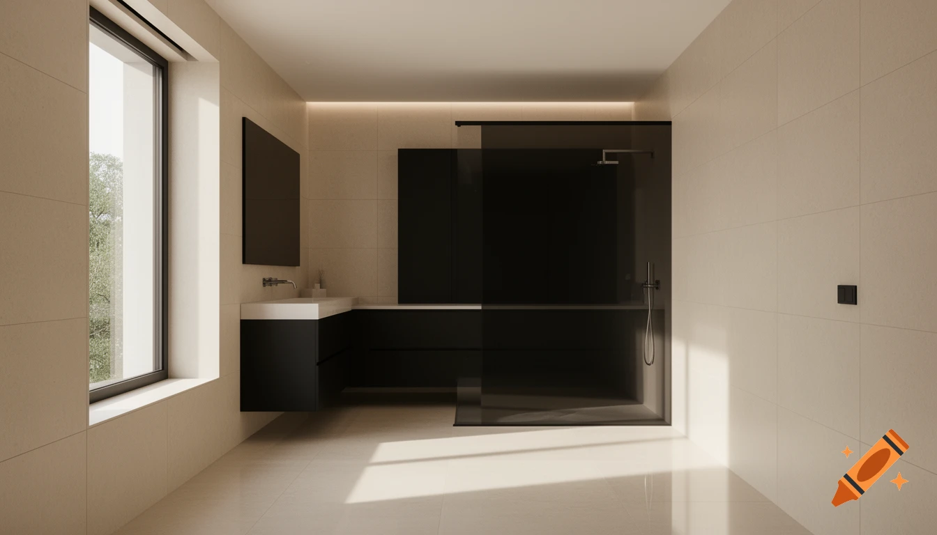 A minimalist modern bathroom with beige tiled walls and floors, a black vanity, a glass shower, and a large window.
