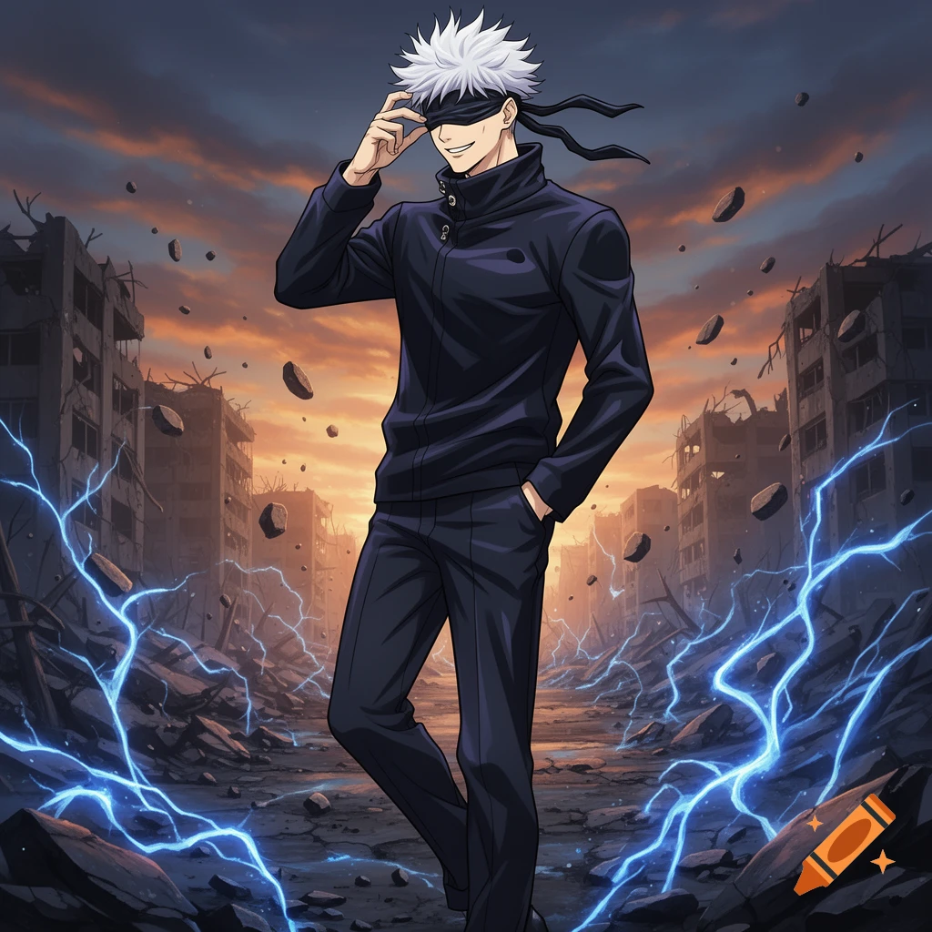An anime character, Gojo Satoru, in a black uniform, adjusts his blindfold in a ruined city with blue lightning.
