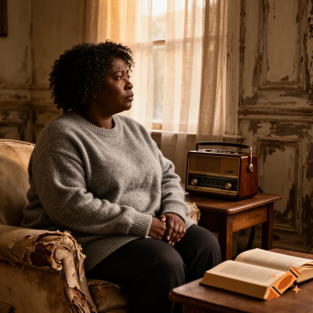 A sad, mature Black woman with curly hair sits in a worn armchair, looking out a window. A vintage radio and an open book are on side tables.