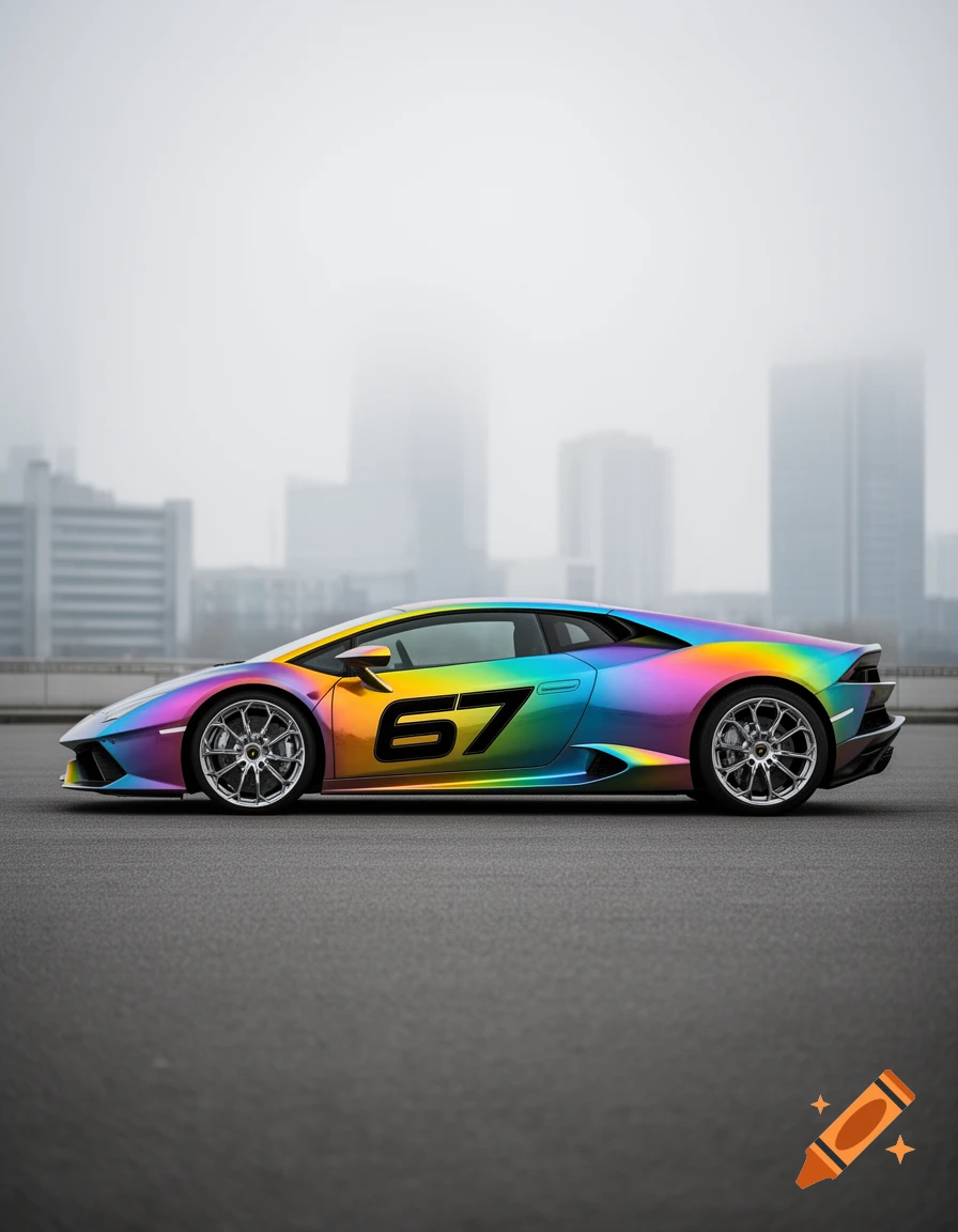 A rainbow-colored Lamborghini with the number 67 in black on its side, parked on asphalt with a blurry city skyline background.