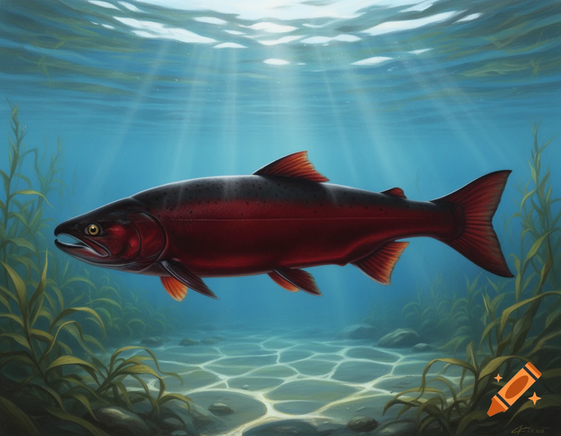 A dark red salmon swims underwater with light rays filtering from the surface and green plants on the seabed, painted.