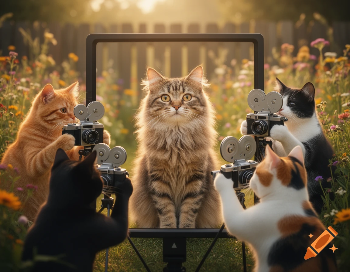 A fluffy brown cat sits in a field of wildflowers, being filmed by four other cats with vintage film cameras, set at golden hour.