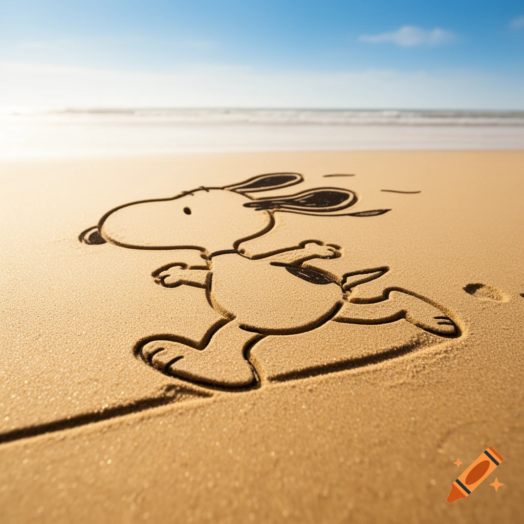 A stylized relief of a running Snoopy carved into the sand on a sunny beach, with the ocean in the background.