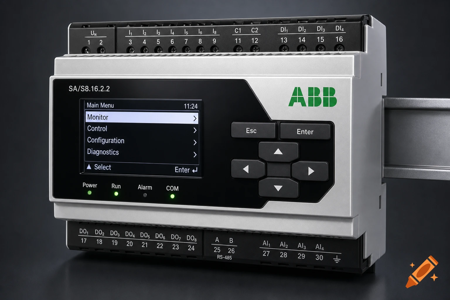 A close-up, photorealistic view of a gray and black ABB SA/S8.16.2.2 industrial control unit with a green logo and display menu.