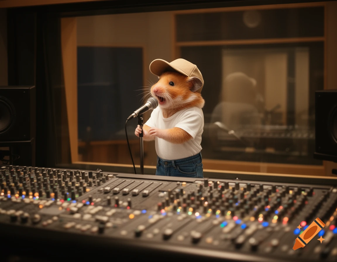 A photorealistic gold hamster, dressed in a t-shirt, jeans, and cap, sings into a microphone in a recording studio.