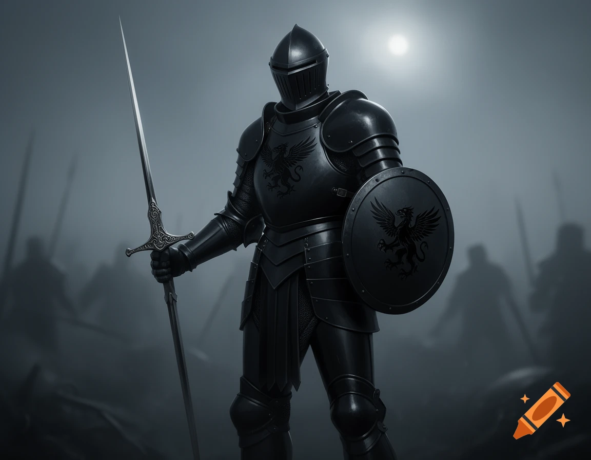 A knight in jet black armor with a griffin crest on the chest and shield stands in a misty battleground, holding a thin rapier.