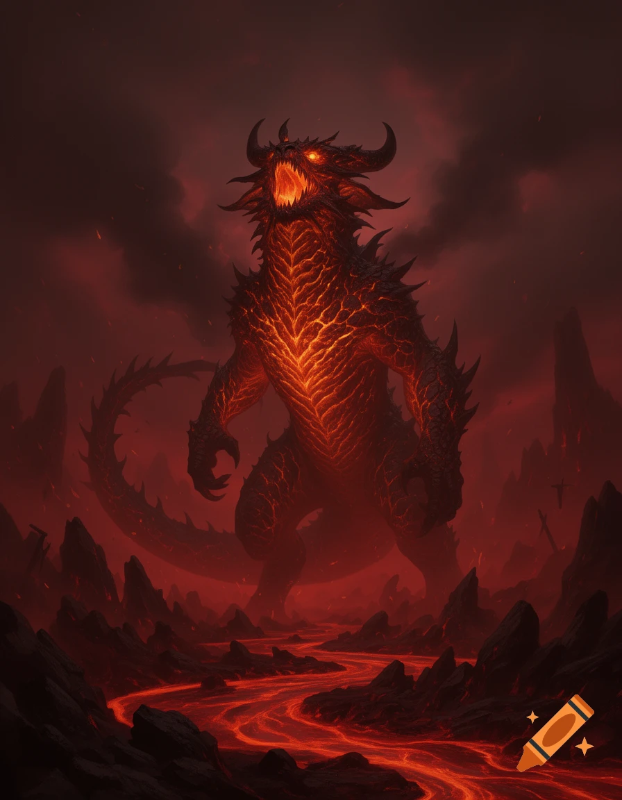 A giant, horned, fiery creature with glowing cracks on its body stands in a hellish landscape with rivers of lava under a dark red sky.