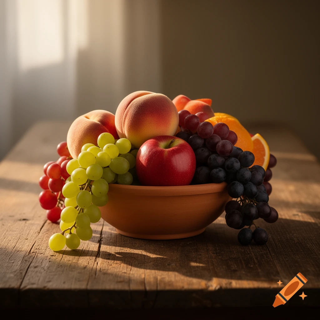 A still life photo of a ceramic bowl overflowing with peaches, red and green grapes, an apple, and orange slices on a wooden table, backlit.