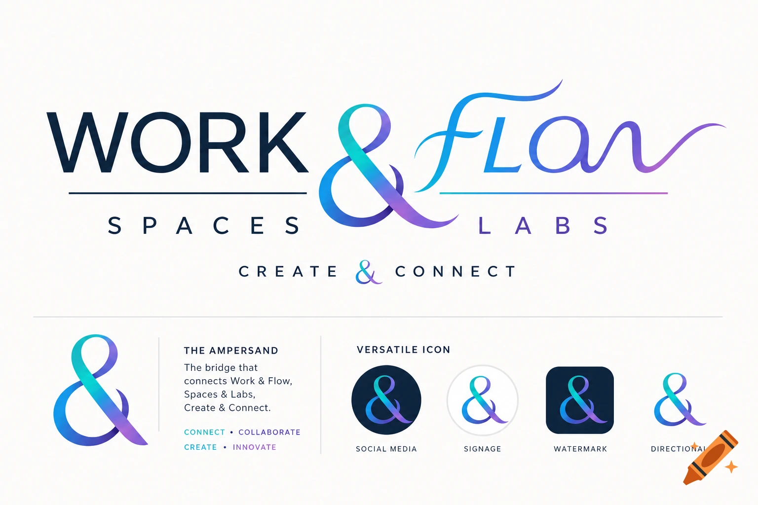 Logo concept for 'WORK & Flow Spaces & Labs' featuring a blue and purple gradient ampersand, with various branding applications.