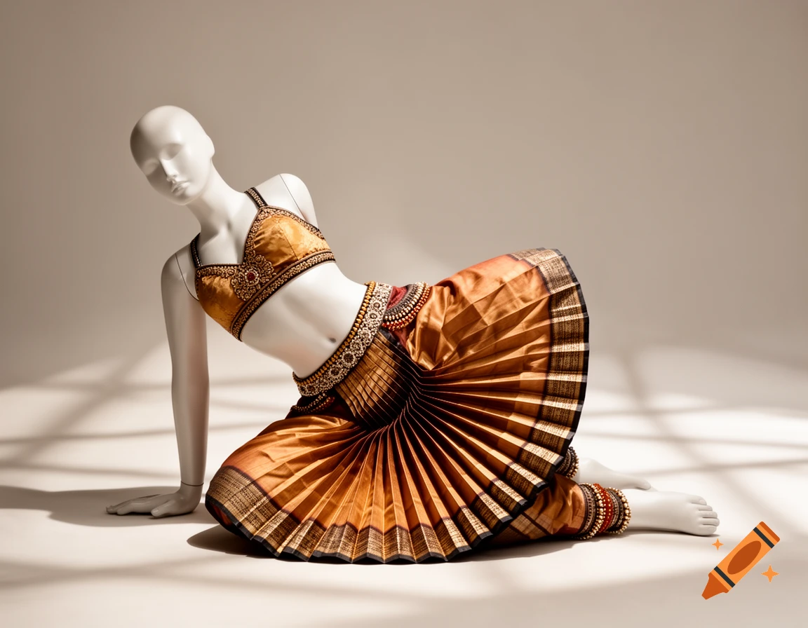Mannequin posed in a gold Bharatanatyam costume with a pleated fan skirt and ornate bra top in a studio.