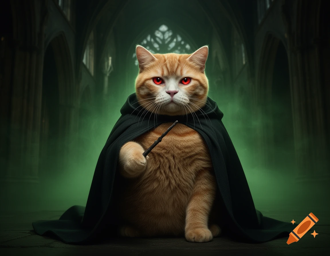 Photorealistic ginger cat as Voldemort, in black robes, with red eyes, holding a wand in a dark, misty gothic hall.