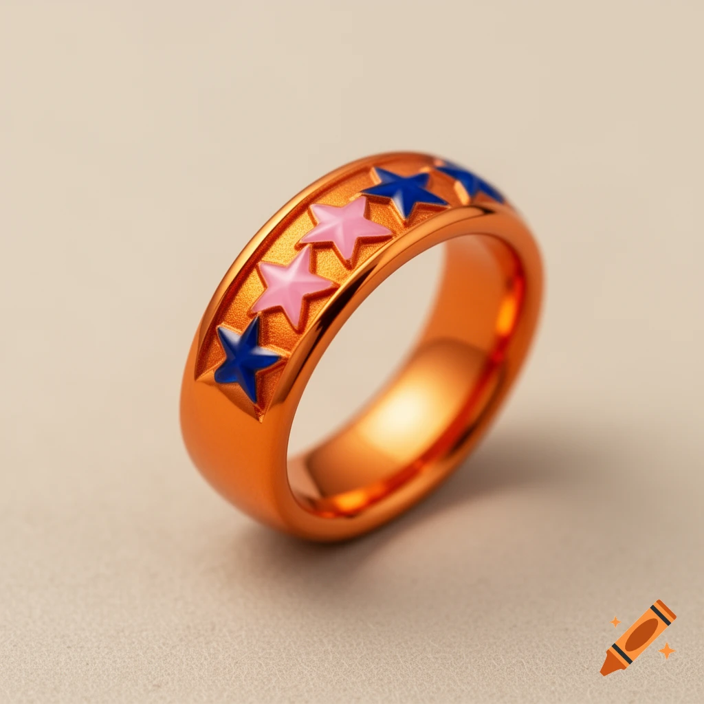 An orange ring with four embossed stars, two blue on the ends and two pink in the middle, on a light background.