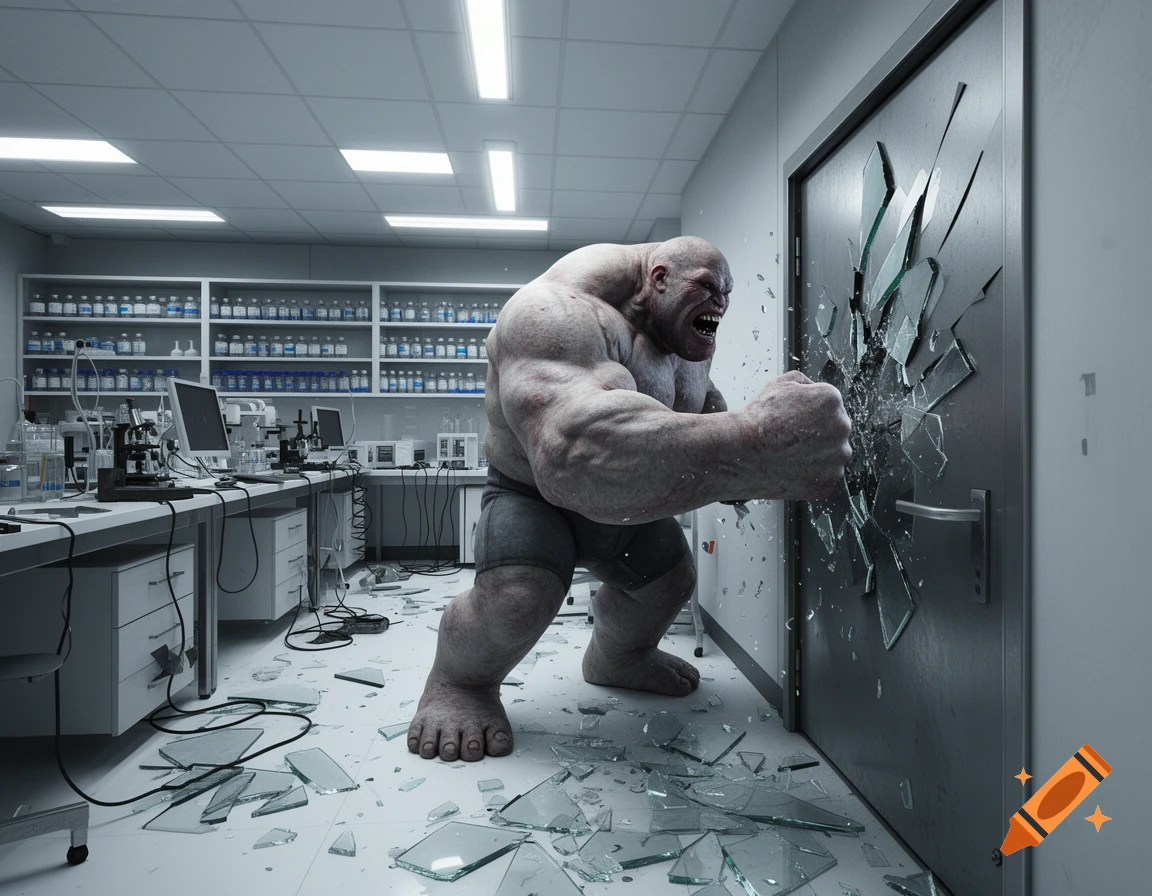 A large, muscular, grey creature resembling a tank from Left 4 Dead smashes through a metal door in a modern science laboratory. Broken glass litters the floor.