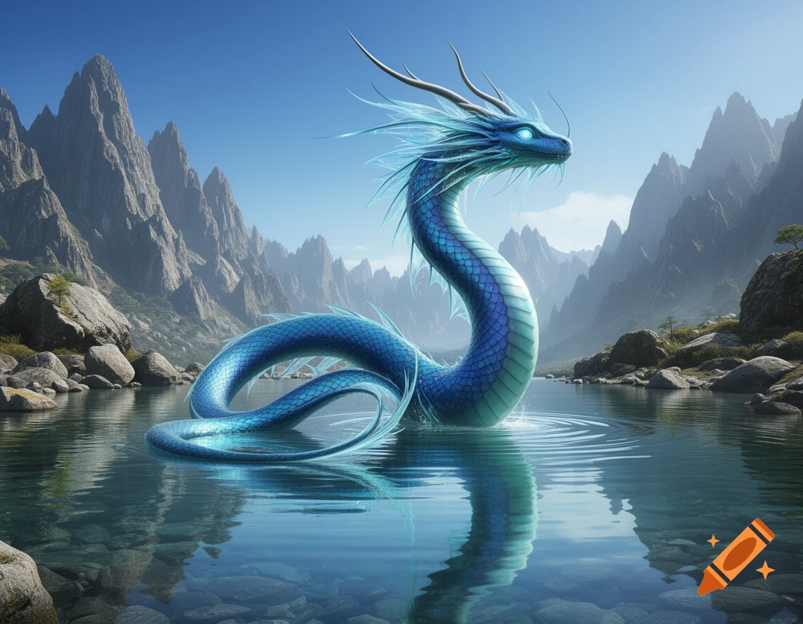 A majestic blue water dragon with glowing eyes emerges from a serene lake amidst rocky mountains under a clear sky.