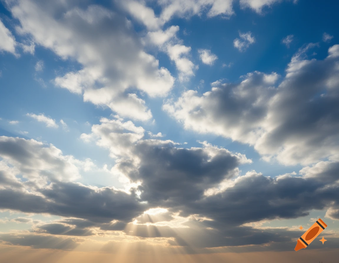 Sunlight beams through dark and white clouds in a blue sky, creating bright rays.