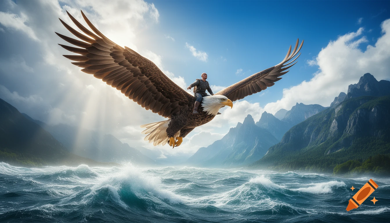 A person rides a giant eagle flying over a stormy sea, with majestic mountains and dramatic clouds under radiant light.