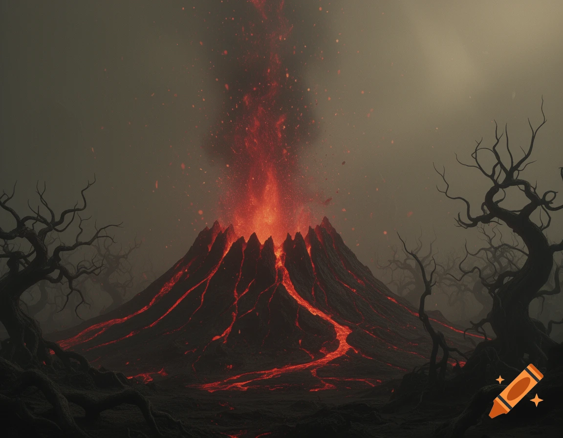 A dark and eerie volcanic landscape with a glowing red eruption and lava flows, surrounded by gnarled, barren trees under a smoky sky.
